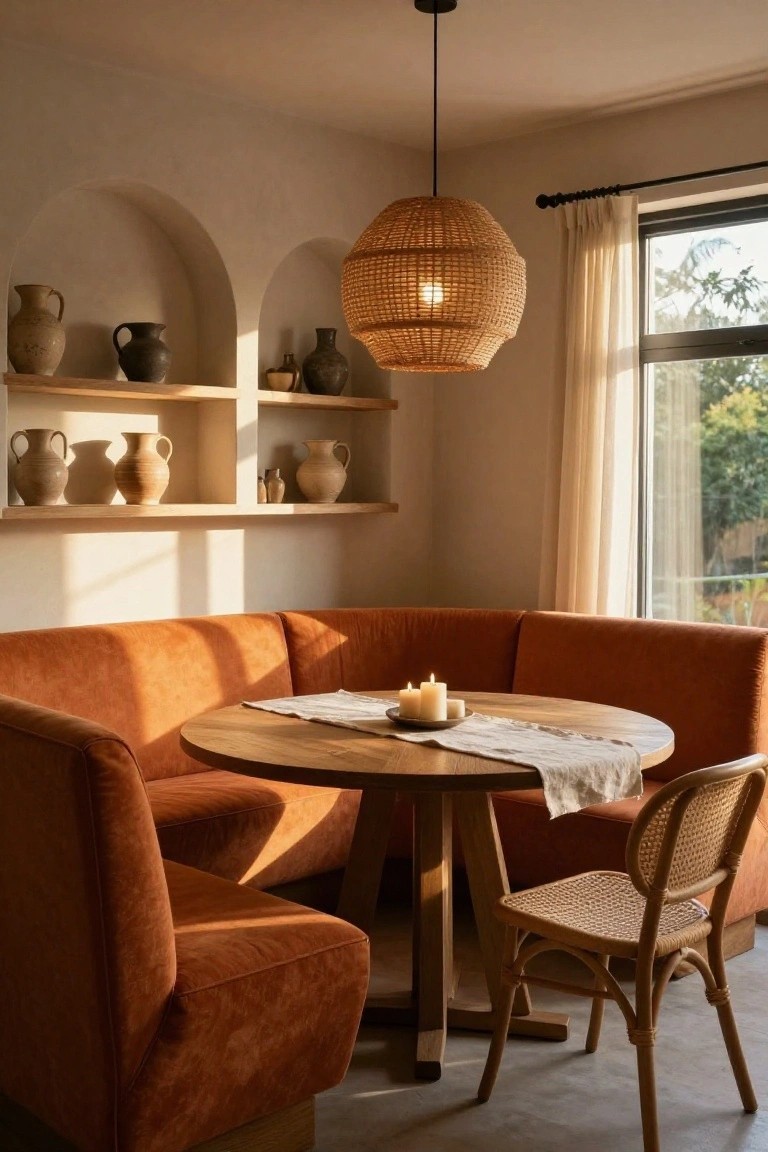 Indoor dining nook with burnt orange corner sofa, round wooden table, rattan chair, woven pendant lamp, arched shelves holding terracotta pottery, and window with sheer curtains next to greenery.