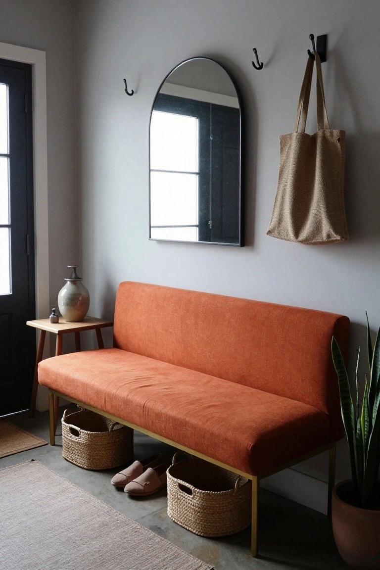 Orange bench with baskets, mirror, and plant in modern entryway.