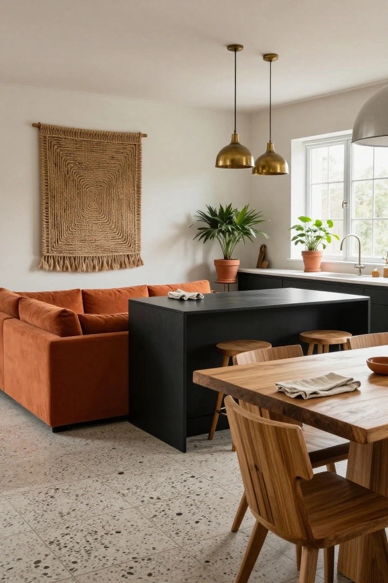 Modern kitchen with orange sofa, black island, and wooden dining table.