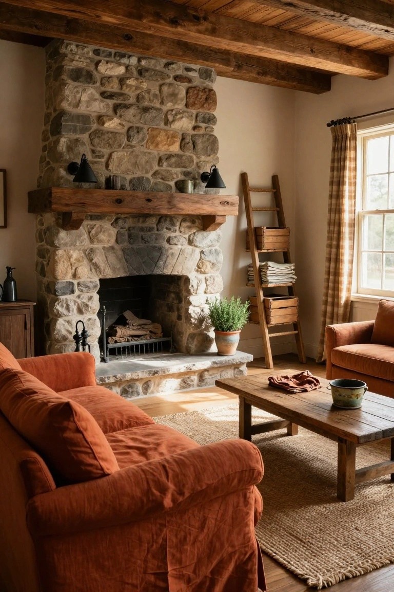 Living room with burnt orange sofa facing a large stone fireplace, wooden ceiling beams, ladder shelf with crates, orange pottery on coffee table, and window with plaid curtains.