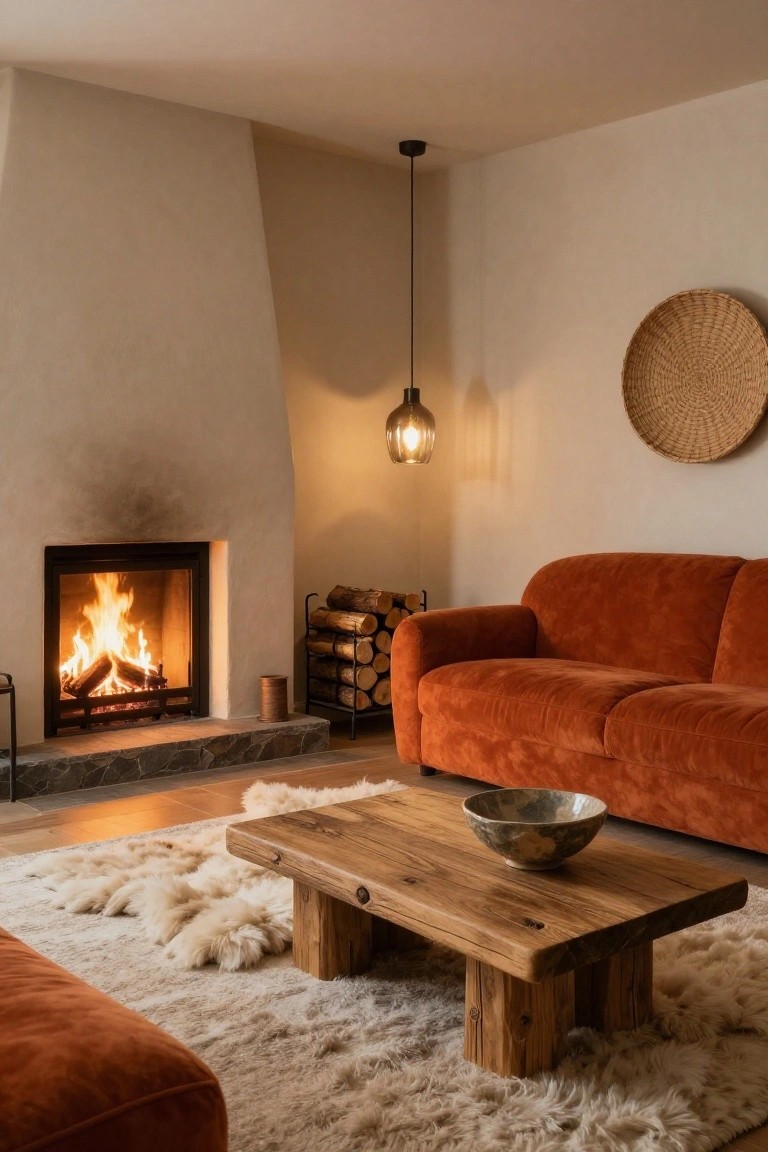 A curved burnt orange sofa in a living room corner facing a lit fireplace, with a rustic wooden coffee table holding a ceramic bowl, a sheepskin rug on the floor, firewood rack, pendant light, and woven wall hanging.