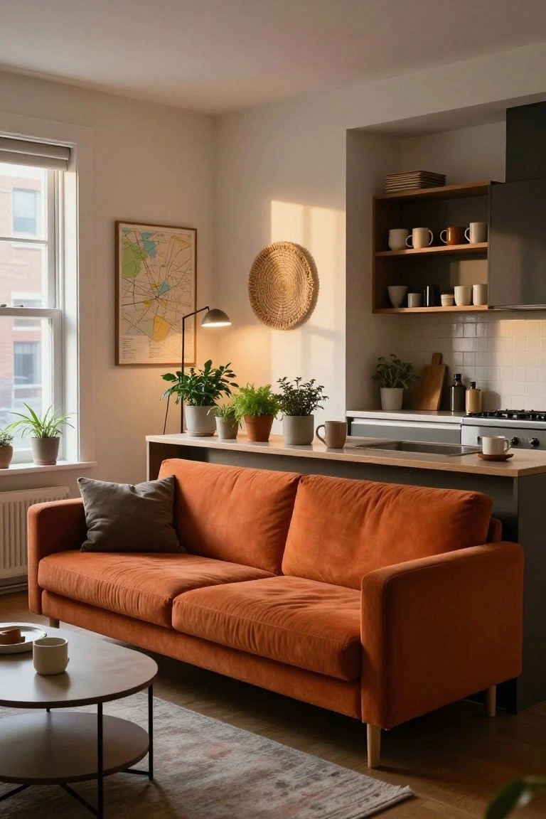 Light-filled open-plan interior with burnt orange sofa facing a wood-topped kitchen island, plants on counters and shelves, neutral cabinets, and a floor lamp near a window.