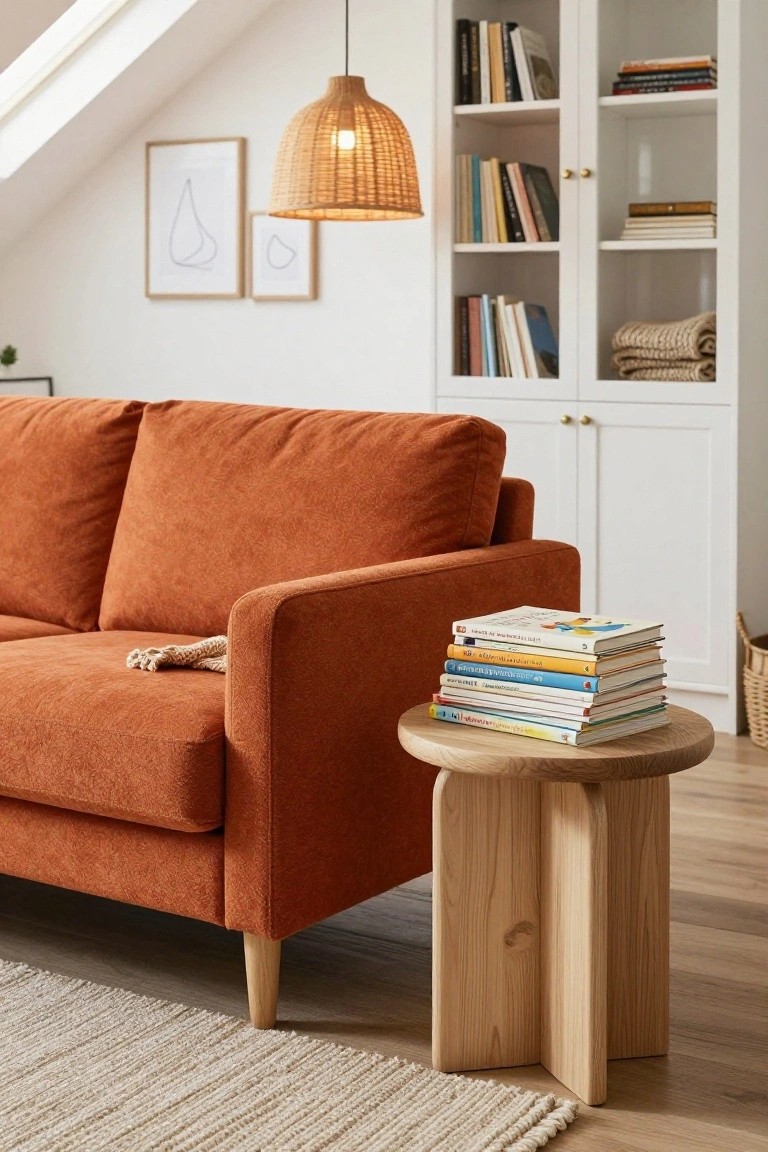 Burnt orange fabric sofa next to open white wooden bookcases in a light room with slanted ceiling, wooden stool side table holding stacked books, rattan pendant lamp overhead, neutral woven rug, and wooden floor.