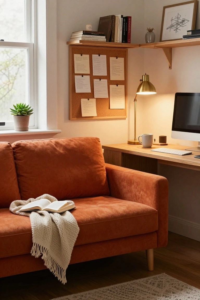 Burnt orange velvet sofa with cream knitted throw blanket and open book draped over it, next to a light wood desk holding a computer monitor, keyboard, mug, lamp, and small plant pot in a room with bookshelves and corkboard.