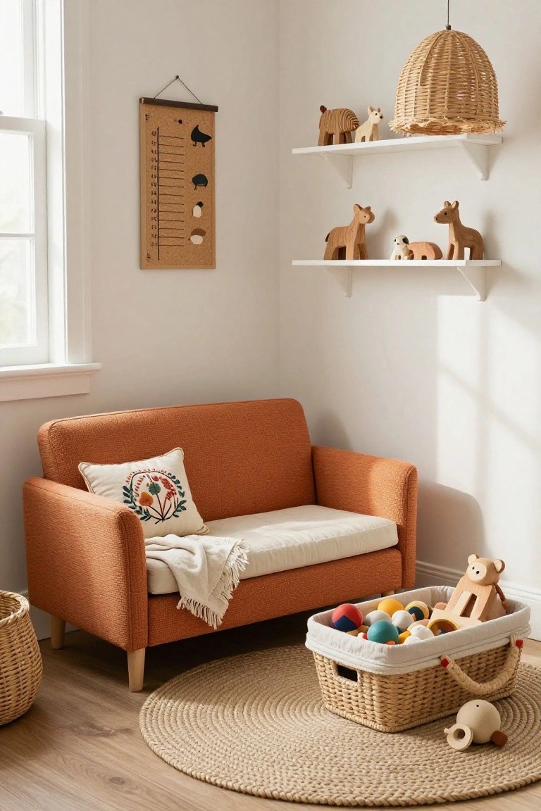 White-walled room corner with burnt orange loveseat, wooden animal toys on shelves above, basket of colorful balls and wood toys on floor, seagrass rug, and wicker pendant light.