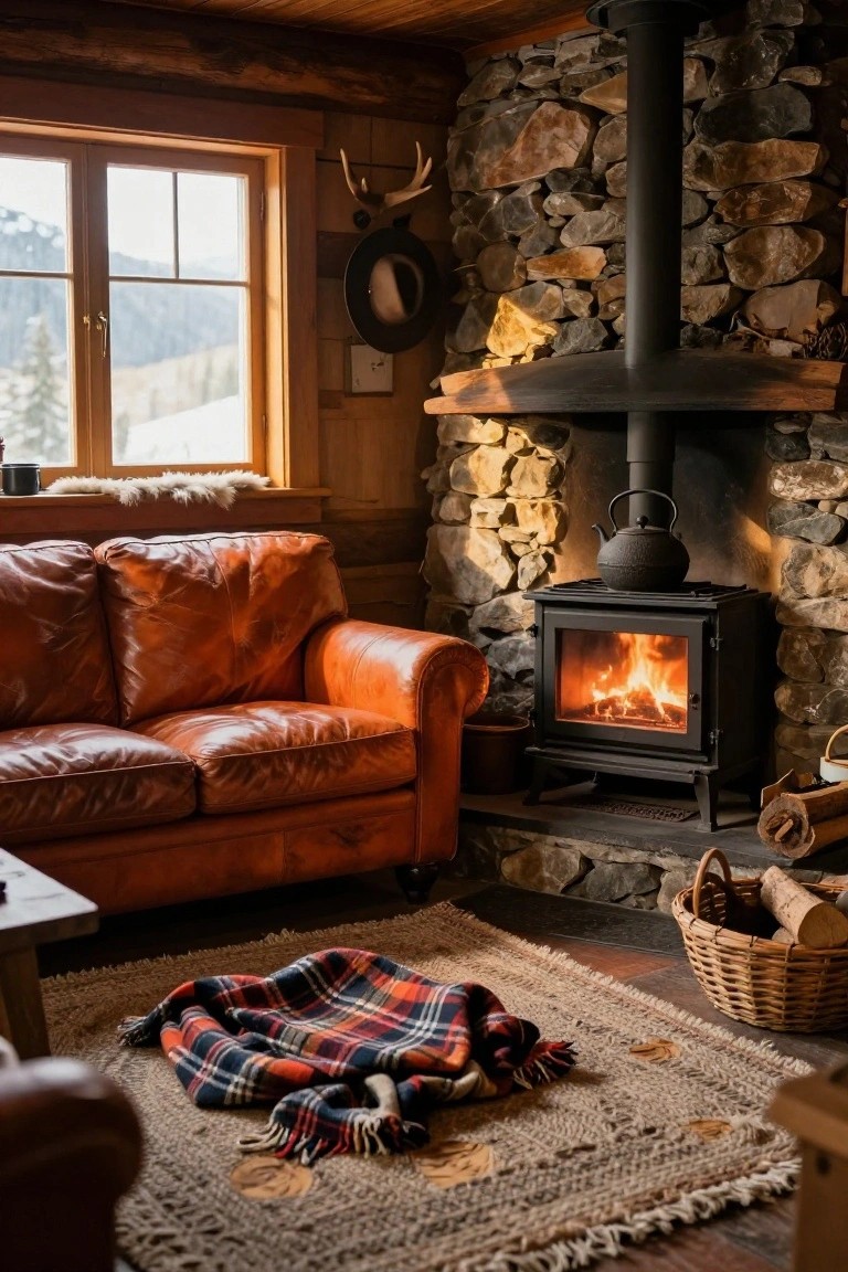 Log cabin interior with wooden walls and ceiling, stone fireplace with black stove and kettle, burnt orange leather sofa on rug with plaid blanket, window showing snowy mountains, antlers and hat on wall, firewood basket nearby.
