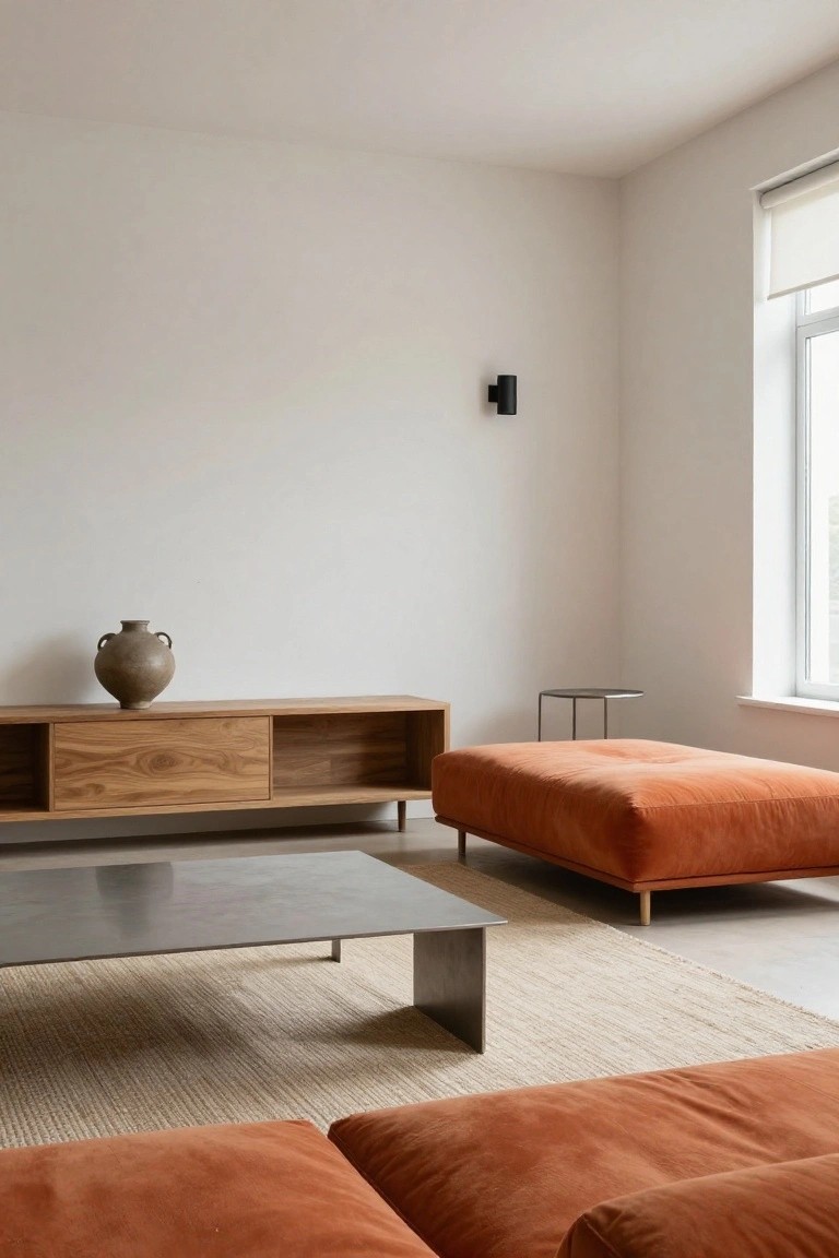 Modern living room corner with low burnt orange fabric sofa and matching rectangular ottoman on beige seagrass rug, wooden credenza with open shelves and terracotta vase, metal coffee table, small metal side table, black wall light, white walls, and window with roller blind.