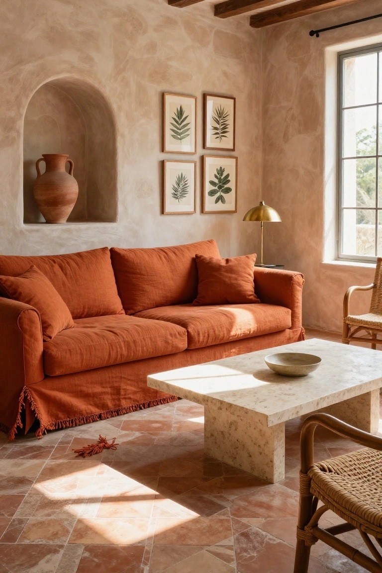 Burnt orange linen sofa with fringe skirt in a room with textured beige plaster walls, arched niche containing terracotta vase, four framed leaf prints, brass arched lamp, white veined marble coffee table with ceramic bowl, two rattan chairs, and terracotta tile floor with sunlight streaming through window.