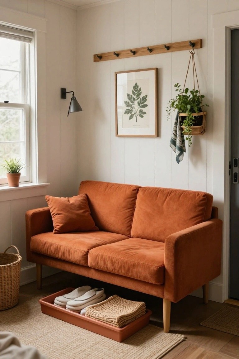 Burnt orange velvet two-seater sofa in a white shiplap-walled room with wooden wall hooks, hanging plant basket, wall art, window plants, and storage tray of shoes and folded items underneath.