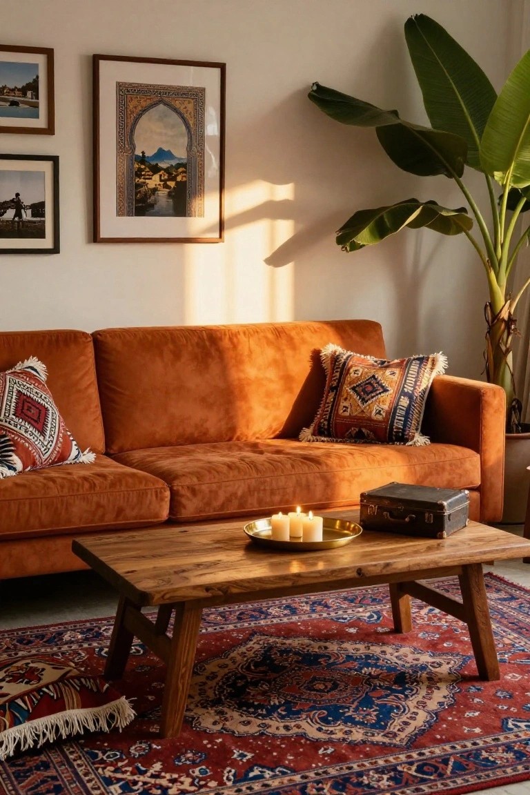 Living room with burnt orange velvet sofa, patterned pillows, wooden coffee table with brass tray and candles, red Persian rug, large potted plant, and framed artwork on white walls.