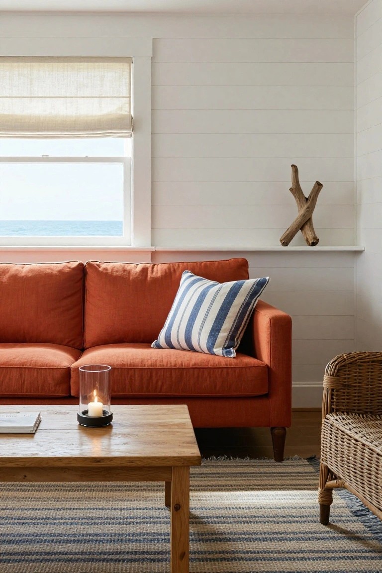 Burnt orange linen sofa in a white shiplap living room with large window overlooking ocean, wooden coffee table holding glass candle, blue-striped pillow and rug, driftwood shelf sculpture, and rattan chair nearby.