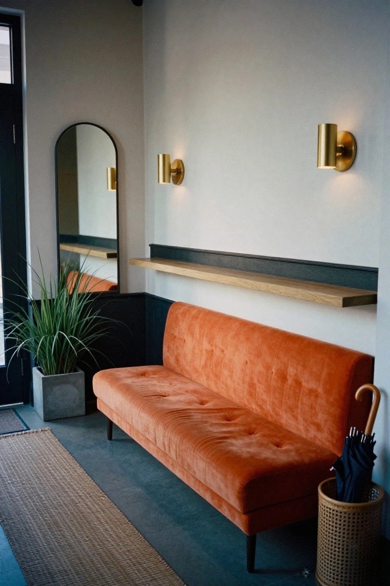 Orange velvet sofa with brass sconces, wooden shelf, and potted plant.