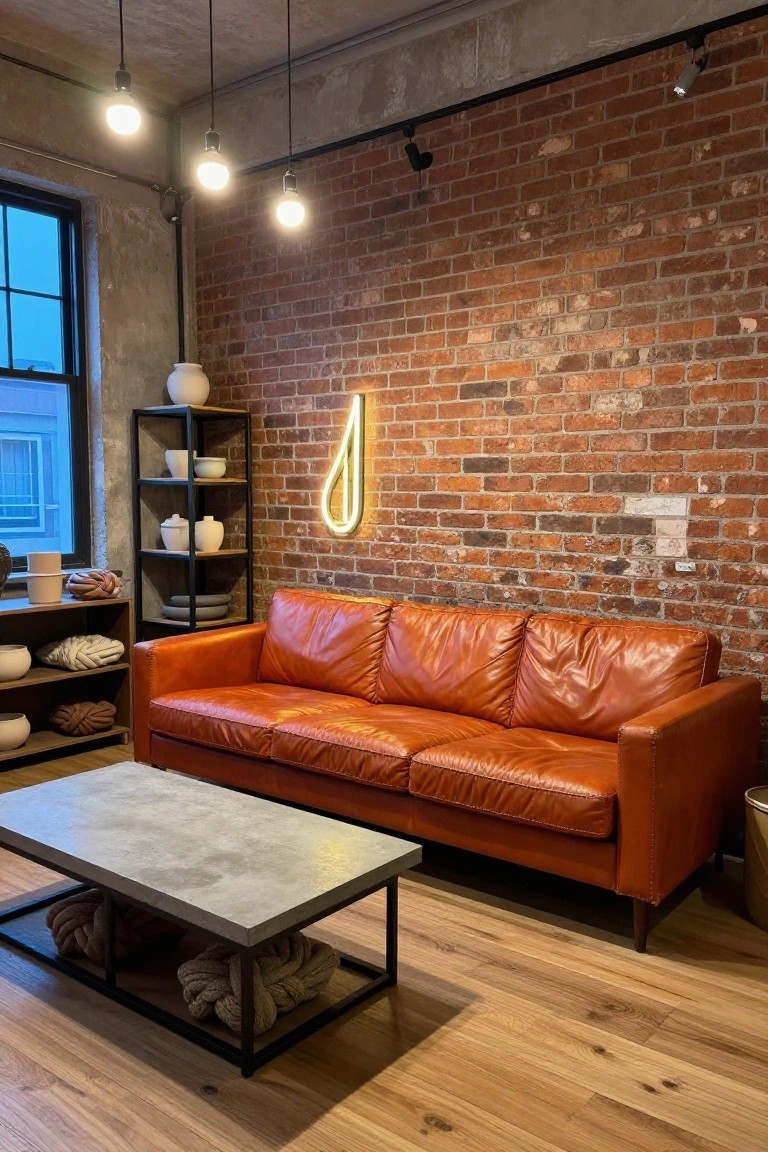 Indoor loft room with burnt orange leather sofa against exposed red brick wall, black metal shelves holding white ceramic pottery, neon teardrop sign on wall, concrete coffee table with rope details underneath, and hanging globe pendant lights.