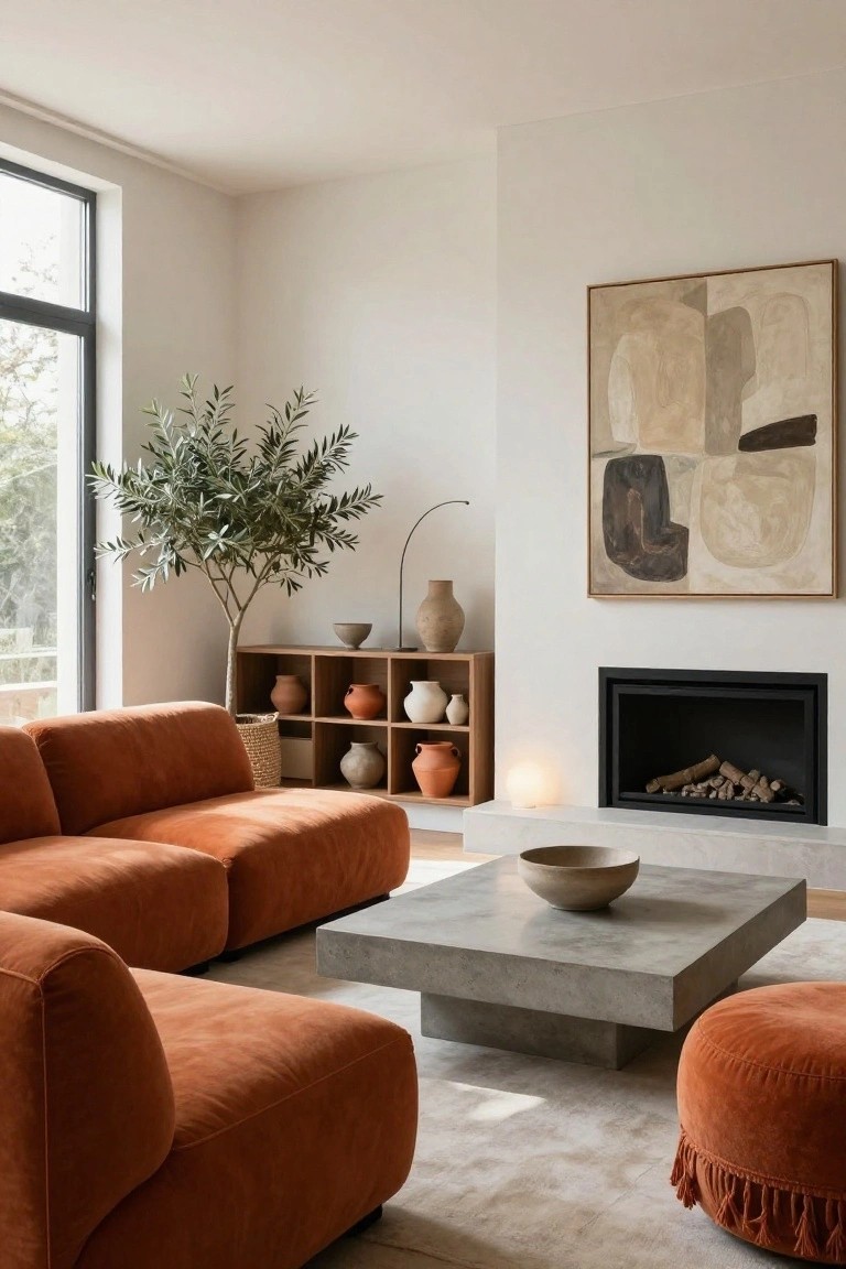 Modern living room with modular burnt orange velvet sofas, low concrete coffee table holding a ceramic bowl, wooden shelves displaying terracotta pots, large potted olive tree, abstract beige painting on wall, and black fireplace with logs.