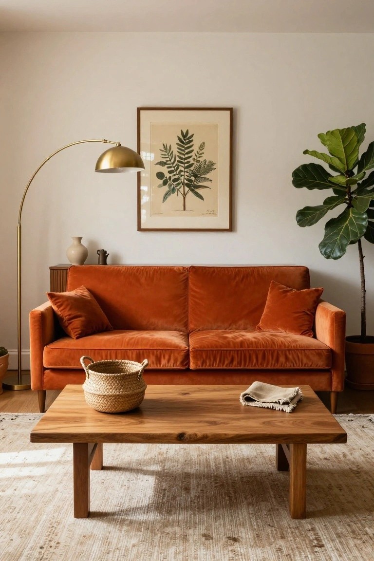 Burnt orange velvet sofa in white-walled living room with rectangular live-edge wood coffee table holding seagrass basket and linen napkin, gold arc floor lamp, framed fern print, cream vase and jug on side table, large potted fiddle leaf fig plant, and light rug.