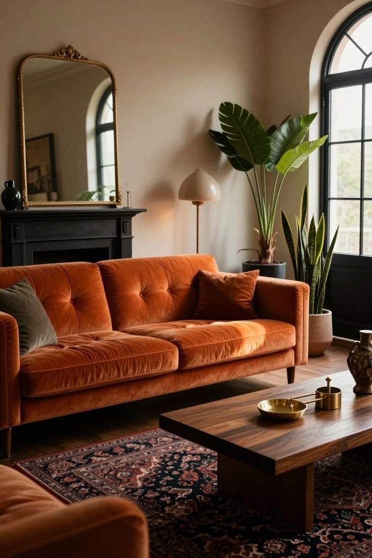 Living room featuring a burnt orange tufted velvet sofa, flanked by tall potted fiddle leaf fig and snake plants, with a black fireplace, gold-framed mirror, wooden coffee table, and patterned rug.