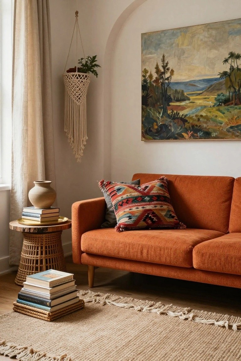 Burnt orange fabric sofa in a white-walled room with arched corner, rattan side table holding stacked books and terracotta vase, macrame hanging planter with greenery, landscape painting on wall, neutral seagrass rug on wood floor.