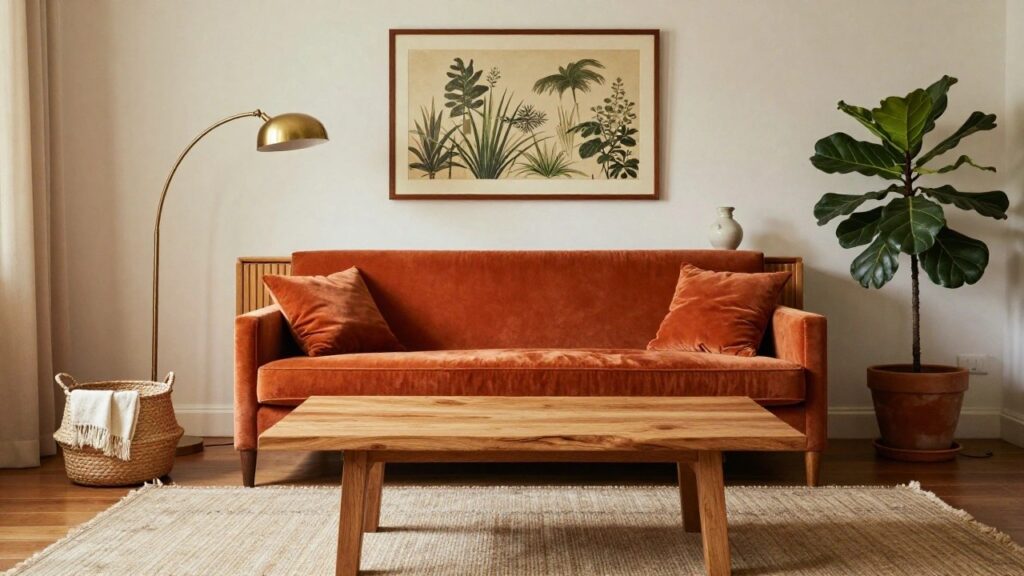 Burnt orange velvet sofa in white-walled living room with rectangular live-edge wood coffee table holding seagrass basket and linen napkin, gold arc floor lamp, framed fern print, cream vase and jug on side table, large potted fiddle leaf fig plant, and light rug.