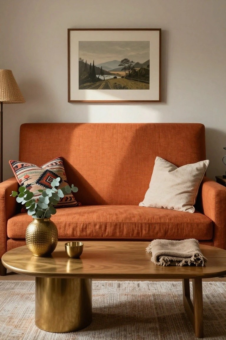 Burnt orange loveseat sofa on neutral rug in living room with brass pedestal coffee table holding gold vase of eucalyptus and small gold bowl, tan throw, patterned pillow, white pillow, wicker lamp, and framed landscape painting on white wall.