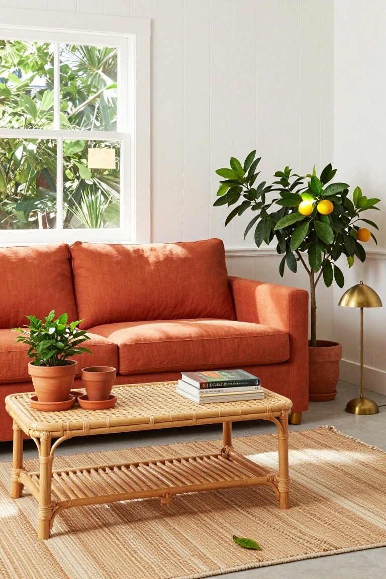 A burnt orange fabric sofa in a white paneled living room corner, with a rattan coffee table holding terracotta plant pots and stacked books, flanked by a small potted plant, a lemon tree in a terracotta pot, and a gold arched lamp on a seagrass rug by a window with tropical greenery outside.