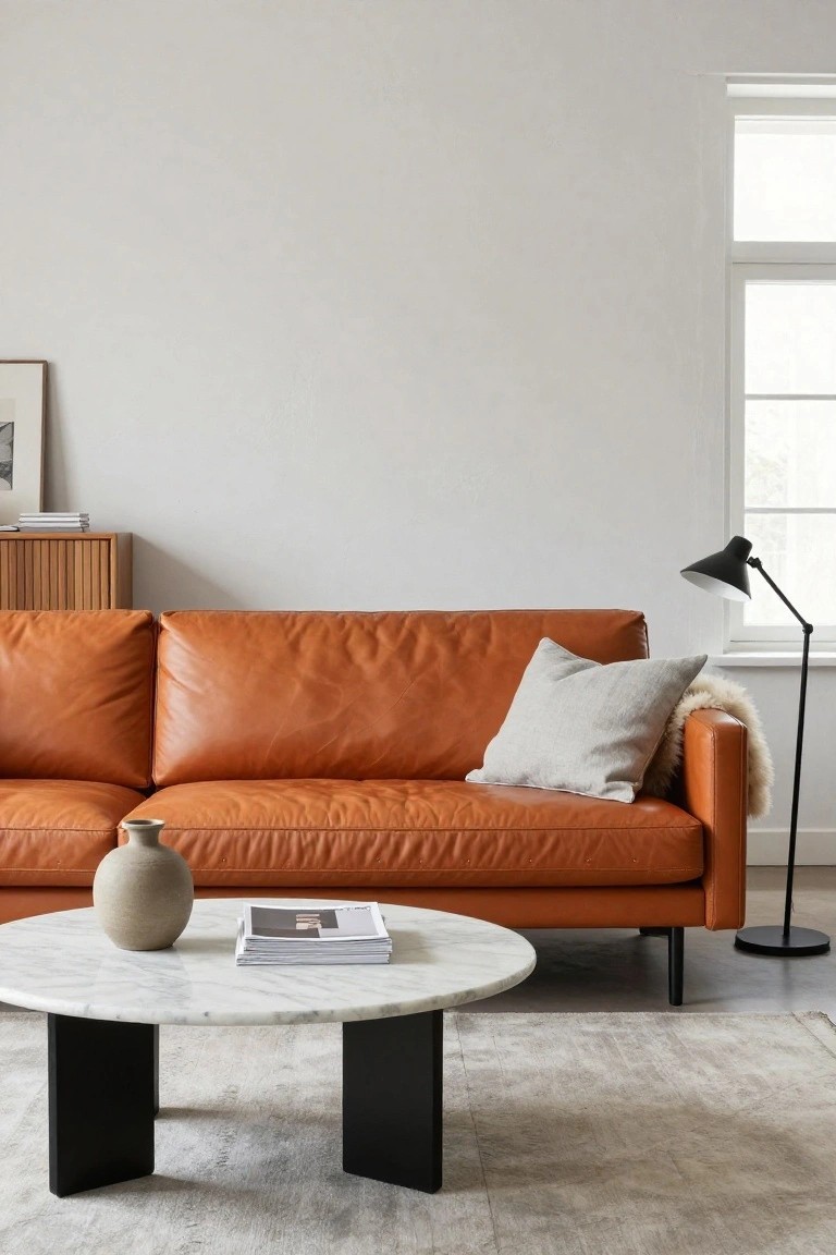 Minimalist living room featuring a burnt orange leather sofa, round white marble coffee table with black legs, beige ceramic vase and stacked magazines on the table, gray pillow and sheepskin on the sofa arm, black task lamp, wood credenza with books, and light gray rug on light gray floor against white walls and window.