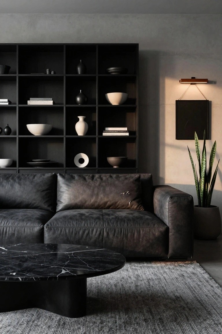 Modern living room with black leather L-shaped sofa, black shelving unit displaying ceramics and books, black marble coffee table, gray rug, snake plant in pot, and wall-mounted light on textured gray wall.
