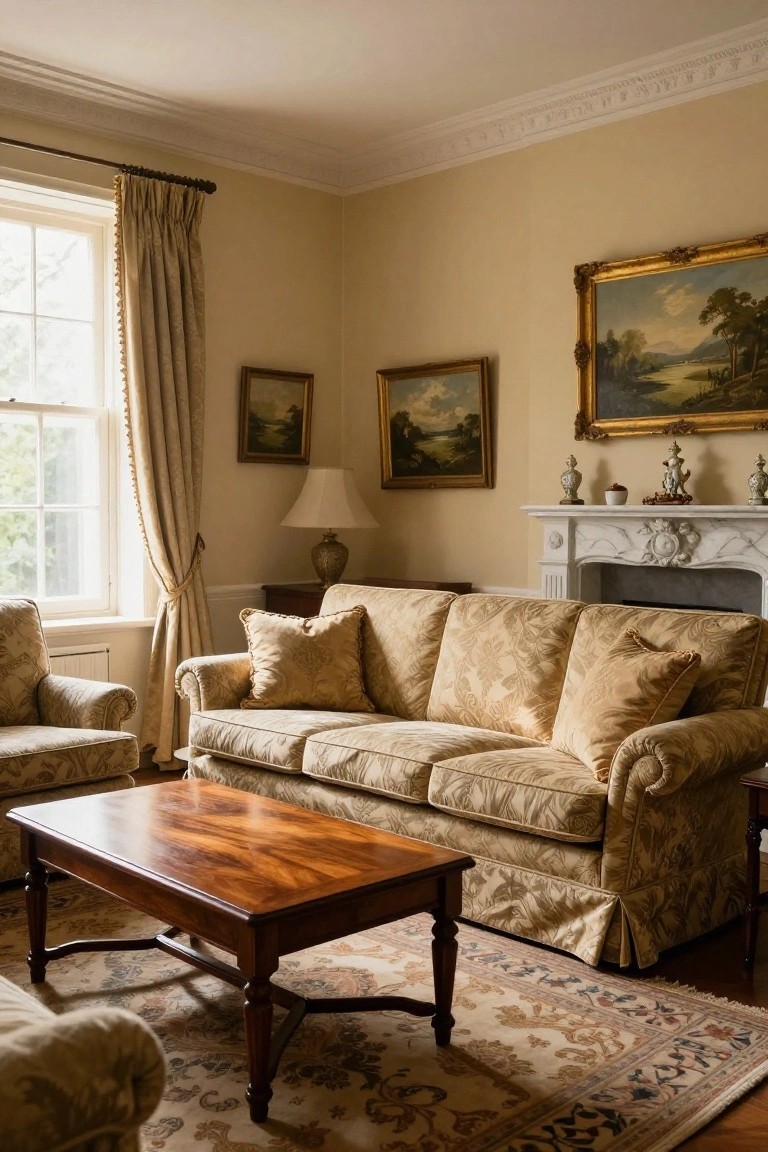 Light beige living room with cream upholstered sofa in the corner near a white fireplace and large window, wooden coffee table on oriental rug, landscape paintings on walls, and ceramic figurines on mantel.