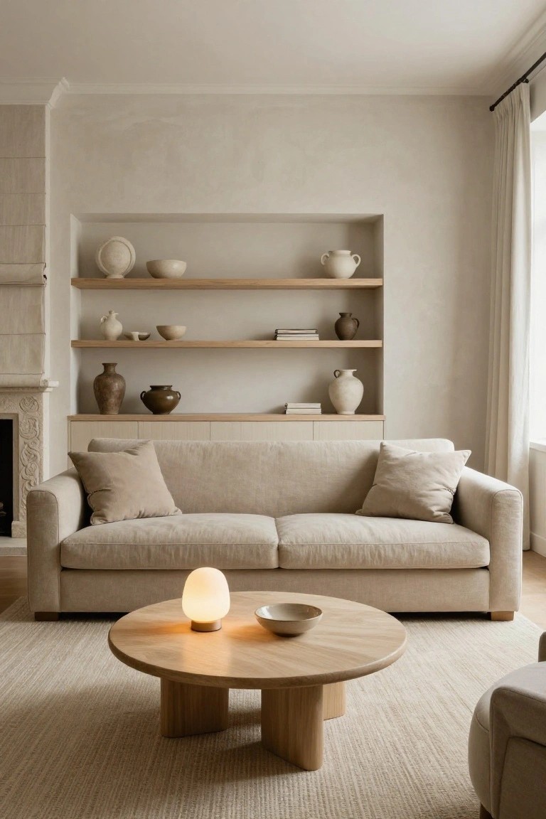 Beige linen corner sofa positioned in front of a fireplace with built-in wooden shelves displaying pottery and books, oak coffee table with lamp and bowl, neutral walls and rug in a living room.
