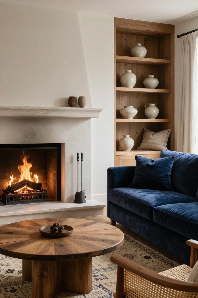 Living room with navy blue velvet corner sofa next to a white stone fireplace flanked by oak built-in shelves with white ceramic vases, round wooden coffee table holding nuts in a dish, rattan armchair on a patterned rug, and a fire burning.