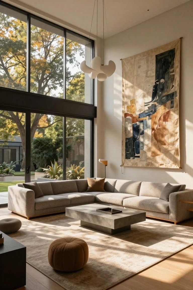 Beige L-shaped corner sofa in a light-filled modern living room with large black-framed windows overlooking trees and garden, concrete coffee table, orange pouf, and large abstract tapestry on white wall.