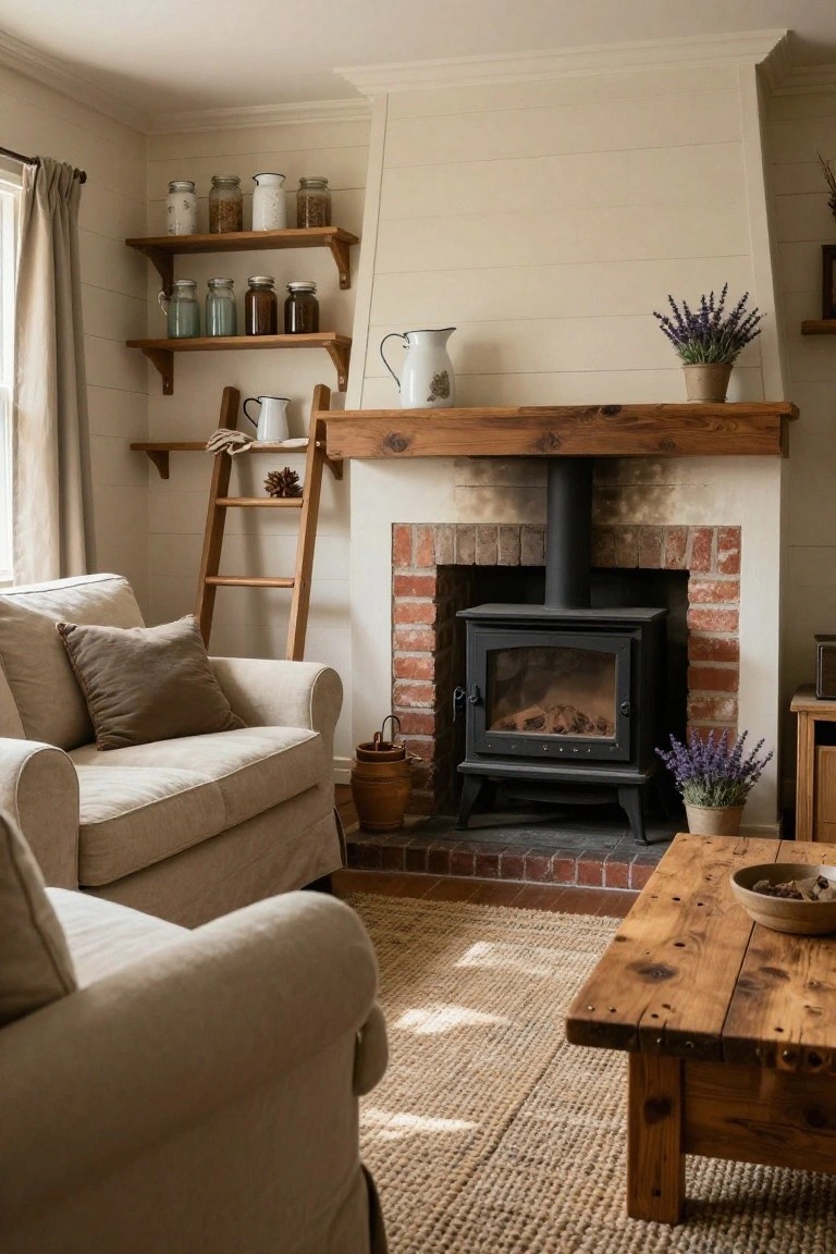 A cozy living room with a light beige corner sofa facing a black cast-iron stove in a brick fireplace under a wooden beam mantel, wooden floating shelves holding jars and a cream jug, a wooden ladder shelf, potted lavender plants, and a wooden coffee table on a seagrass rug.