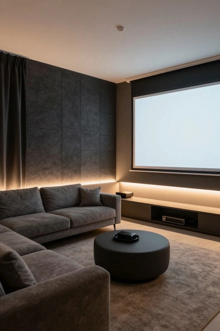 Modern living room with gray sectional sofa, round ottoman, and large projection screen.