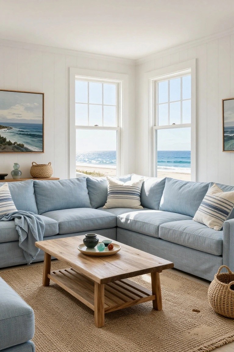 Light blue L-shaped sofa in a white corner room with large windows showing ocean view, wooden coffee table with teapot, seagrass rug, and basket.