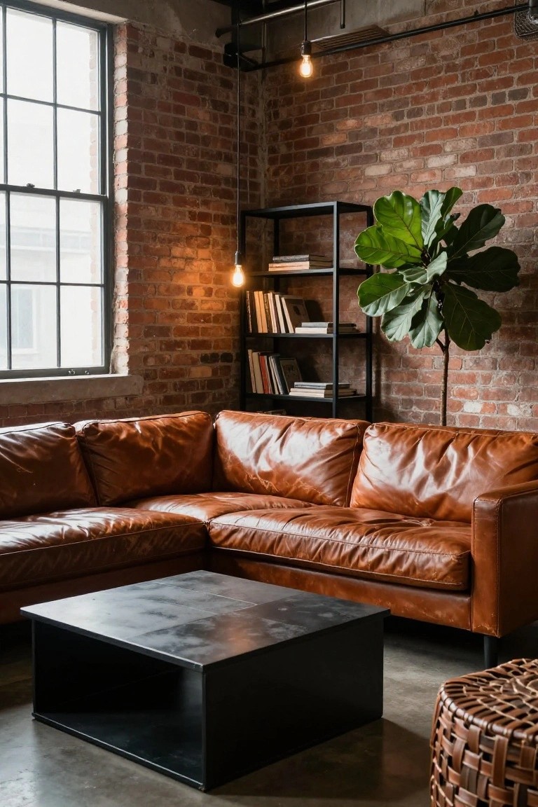 Industrial loft living room with tan leather L-shaped corner sofa, black metal coffee table, metal bookshelf holding books and plants, large fiddle leaf fig plant, exposed brick walls, large factory windows, and hanging bulb lights.