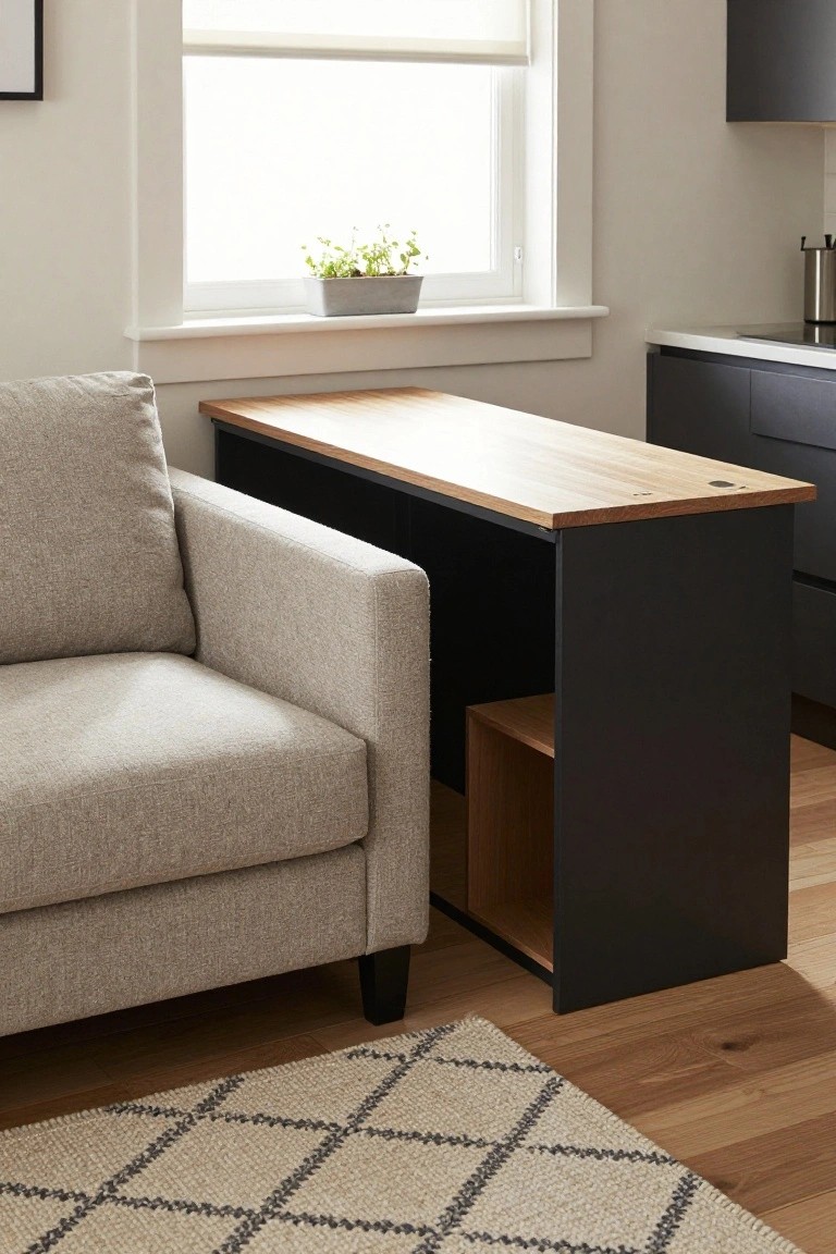 Gray fabric corner sofa next to a black desk unit with light wood top and open shelf below, in a living room with kitchen cabinets, window plant, and wood floor rug.