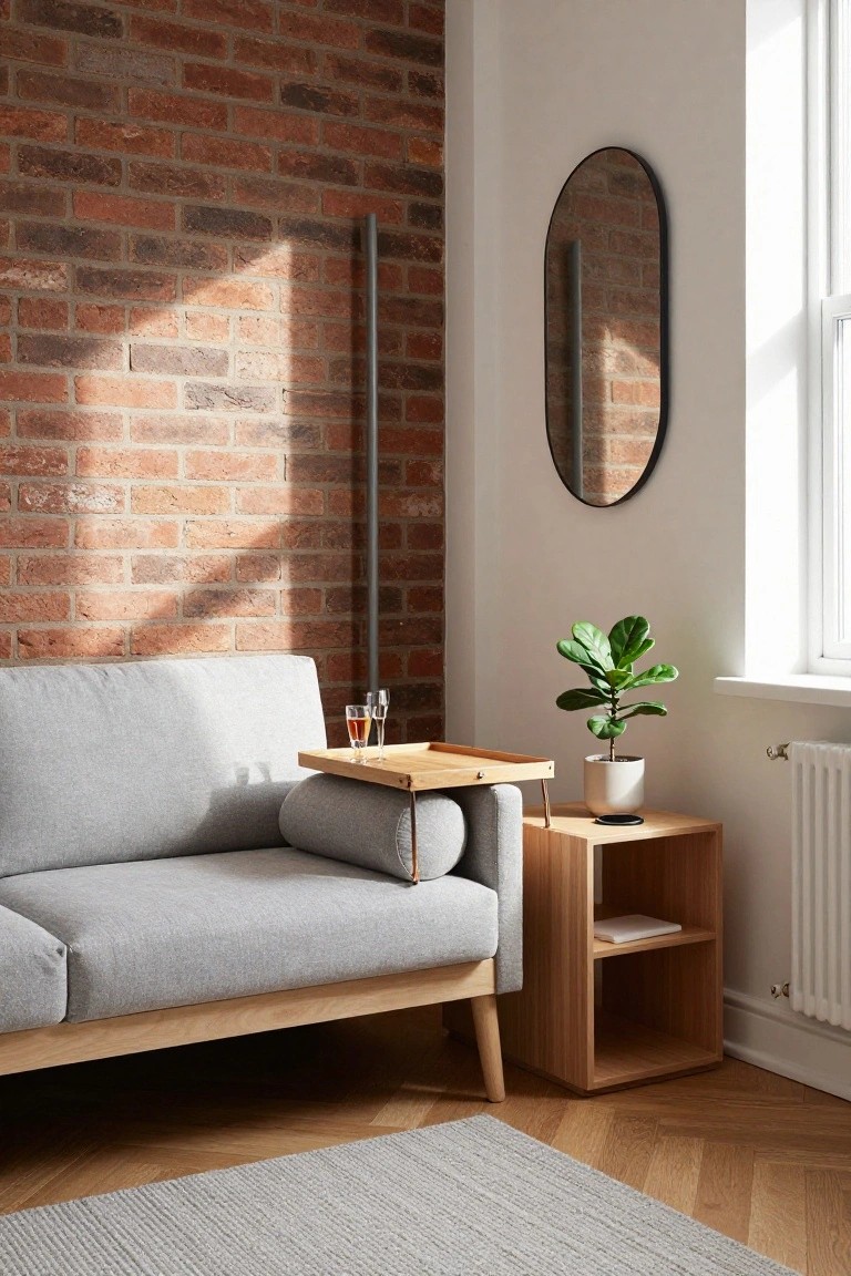 Gray fabric corner sofa with wooden tray table extension on the arm in a living room corner, brick accent wall, oval black mirror, potted fiddle leaf fig on wooden side table, white radiator, and herringbone wood floor with gray rug.