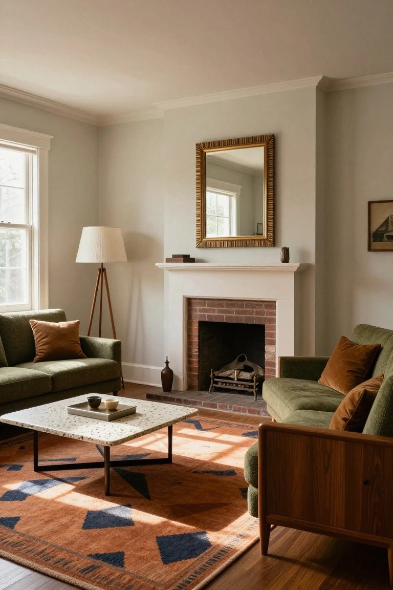 Living room with two green upholstered sofas in L-shape facing brick fireplace on white mantel, terracotta patterned rug underneath, wood tripod lamp, and gold-framed mirror above mantel.