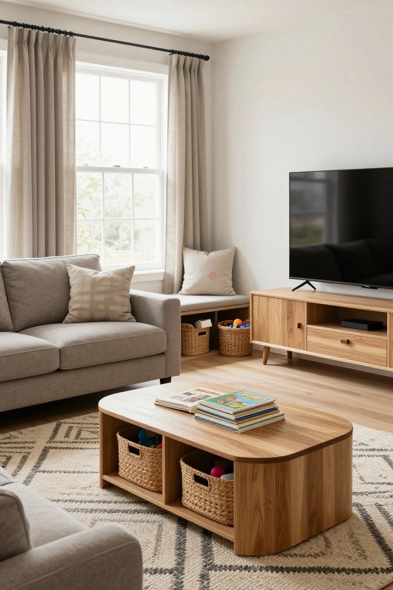 Bright living room with light gray fabric sofa next to wooden TV stand on TV, oval wooden coffee table holding woven baskets with toys, neutral rug, sheer curtains on large windows, and oak hardwood floors.