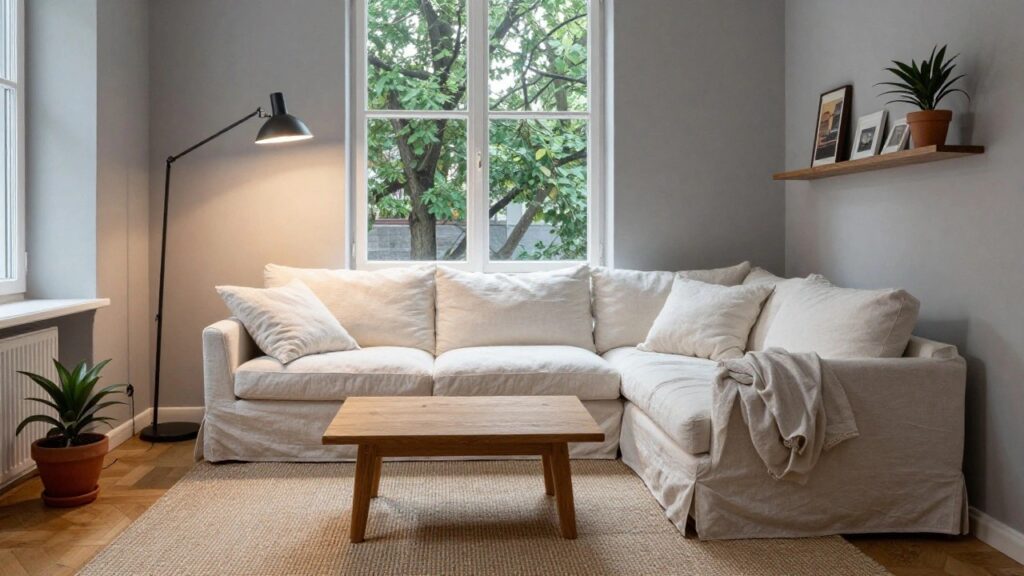 White linen-covered corner sofa in a gray-walled living room with wooden coffee table, potted plant on windowsill, arc lamp, floating shelves, and jute rug.