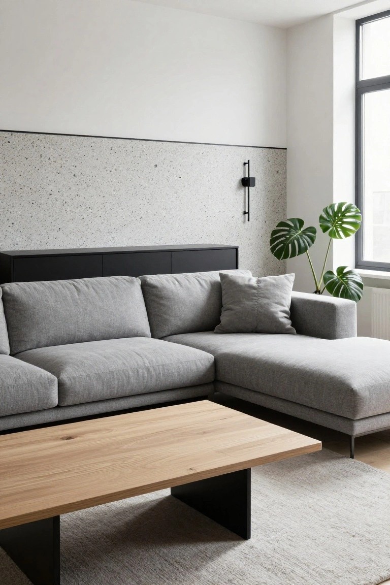 Light gray L-shaped corner sofa with chaise lounge in a modern living room, oak coffee table on black metal legs, monstera plant in corner, black cabinet, speckled white wall, and large window.