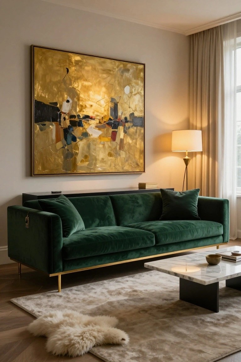 Modern living room corner with green velvet L-shaped sofa on gold legs, large gold abstract painting on wall, marble coffee table, cream rug, and floor lamp.
