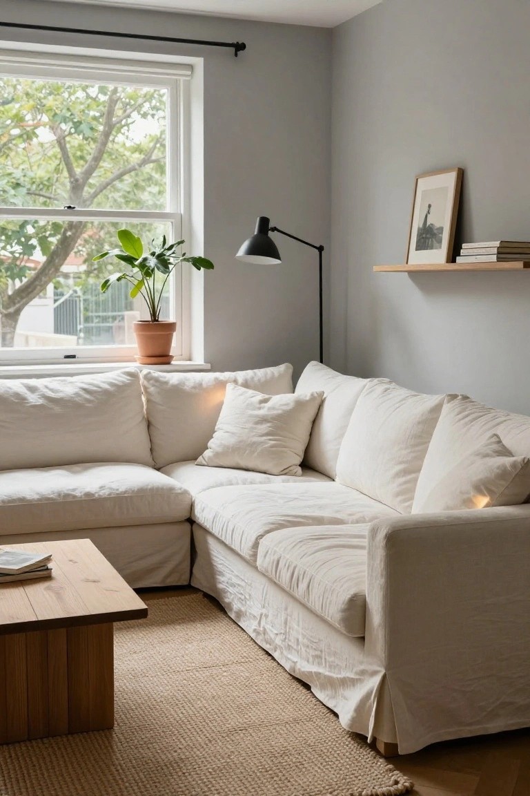 White linen-covered corner sofa in a gray-walled living room with wooden coffee table, potted plant on windowsill, arc lamp, floating shelves, and jute rug.