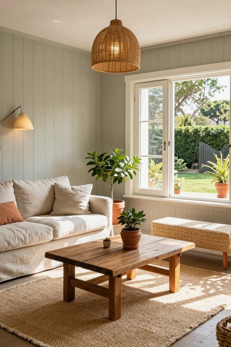 Living room with pale sage green vertical paneled walls, white linen sofa with beige and peach cushions, low rustic wooden coffee table, potted plants, rattan bench, seagrass rug, rattan pendant light, and large white-framed window overlooking green garden and trees.