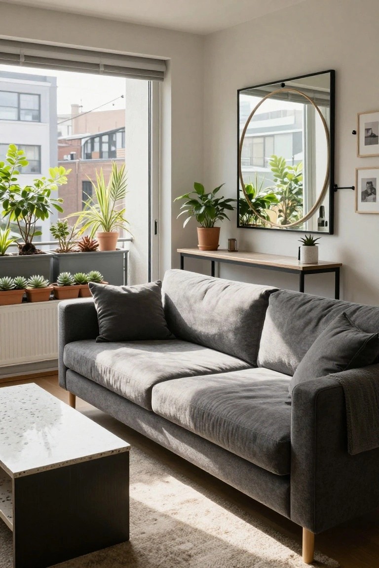 Gray fabric corner sofa in a light living room next to a balcony with potted plants, a round black-framed mirror on the wall, and a white terrazzo coffee table in front.