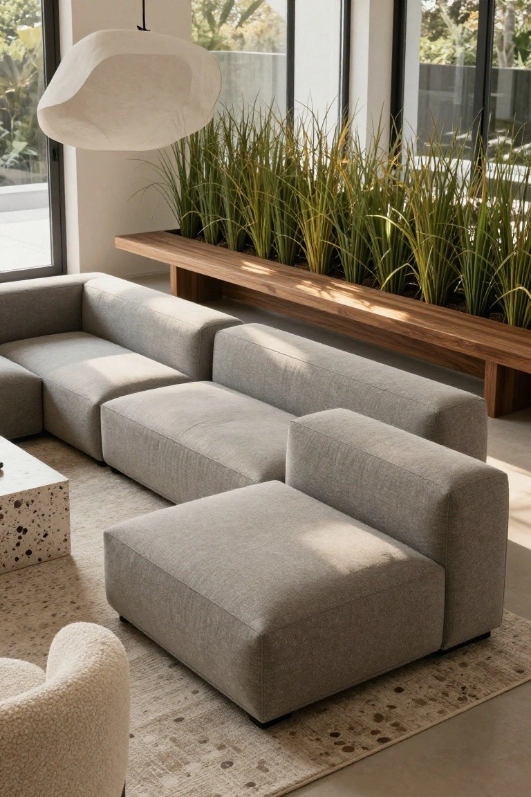 Gray modular L-shaped corner sofa with ottoman in a modern living room, low white pebble coffee table, cream sheepskin armchair on a patterned rug, wooden bench with tall pampas grass planters, and large windows showing greenery outside.