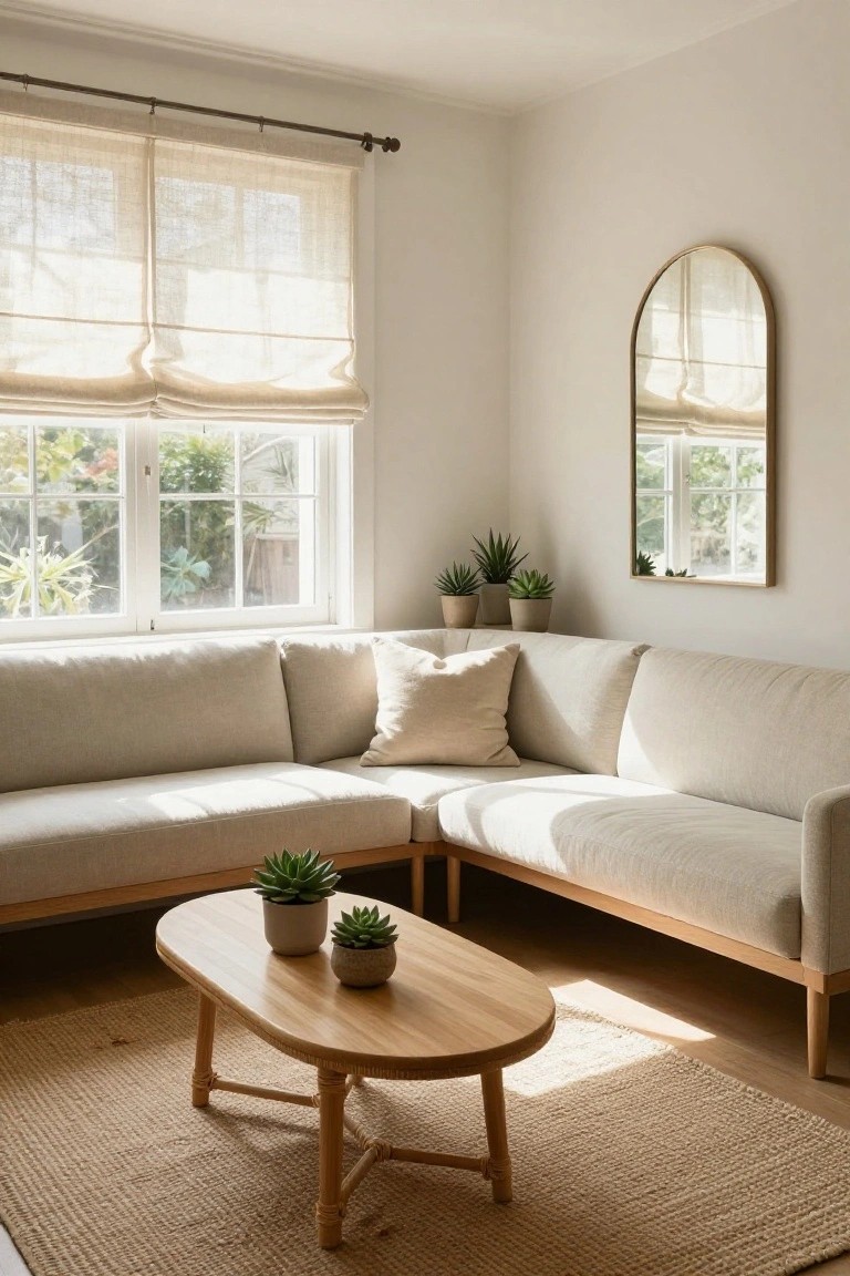 Light beige L-shaped corner sofa in a sunny living room corner with sheer linen curtains on large windows, arched gold mirror, wooden coffee table holding potted succulents, additional potted plants, and seagrass rug on light wood floor.
