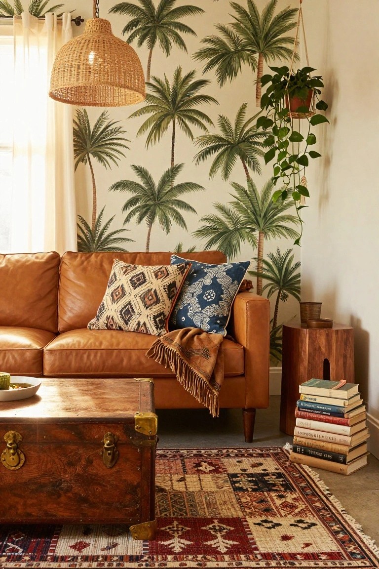 Tan leather sofa in a living room corner against palm leaf wallpaper, topped with patterned pillows and a fringed throw, beside a wooden stool with books and a leather trunk coffee table on a multicolored rug under a rattan pendant lamp.