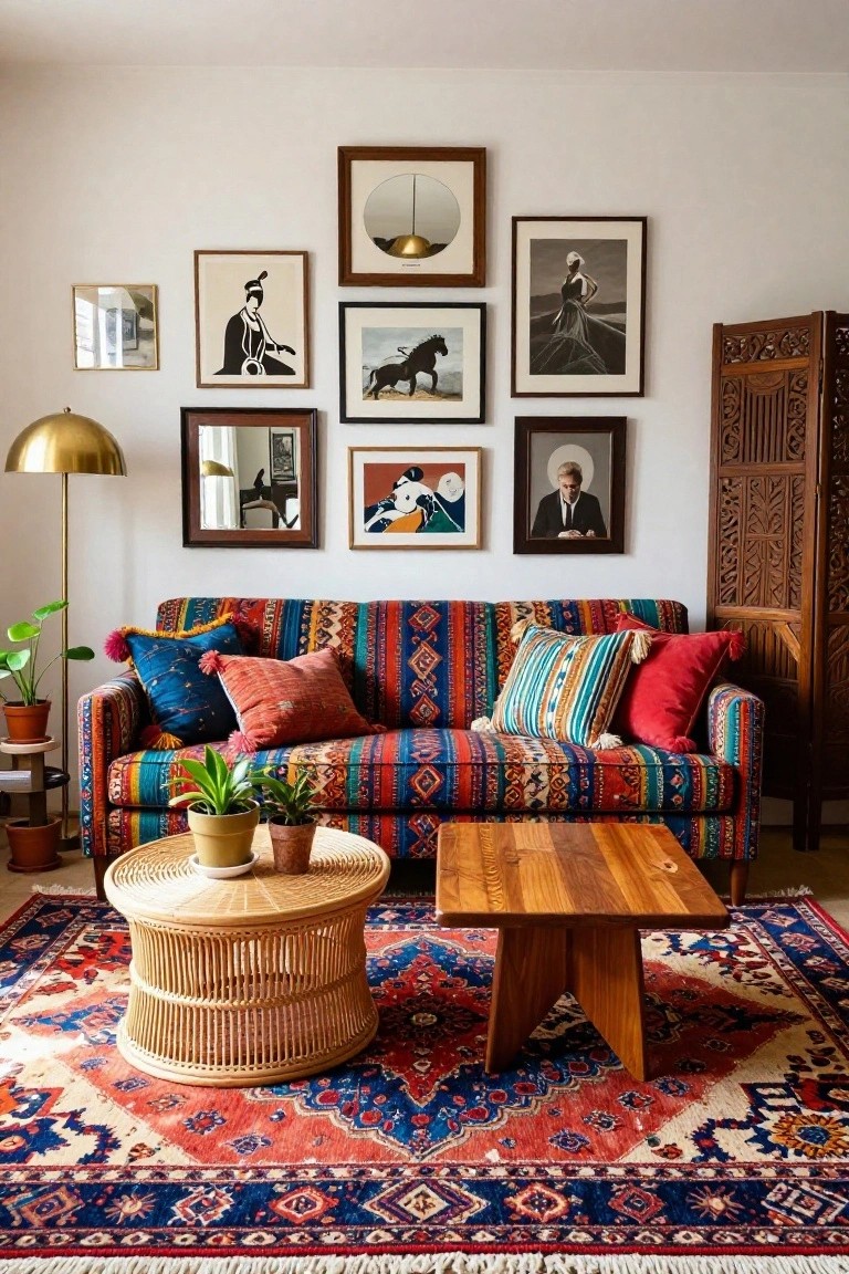 Living room with a colorful striped corner sofa, assorted pillows, wooden coffee table, rattan side table, plants, Persian rug, gallery wall of art prints and photos, gold floor lamp, and carved wood room screen.