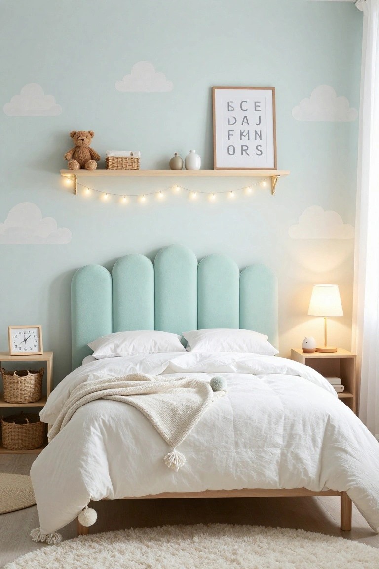 A nursery bedroom with pale blue walls, cloud decals, a mint-green curved tufted headboard on a wooden bed with white bedding and knit throw, bedside tables, shelves with teddy bear and baskets, and string lights.