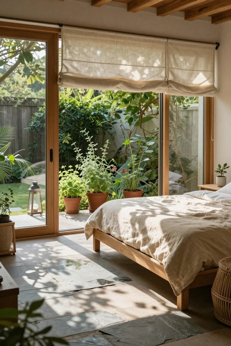 A sunlit bedroom with a low wooden platform bed covered in beige linen sheets and pillows, large open sliding wooden doors leading to a lush garden with potted plants, trees, and greenery, wooden ceiling beams overhead.